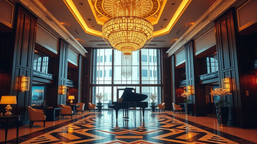 Elegant hotel lobby with chandelier and grand piano for business hotels