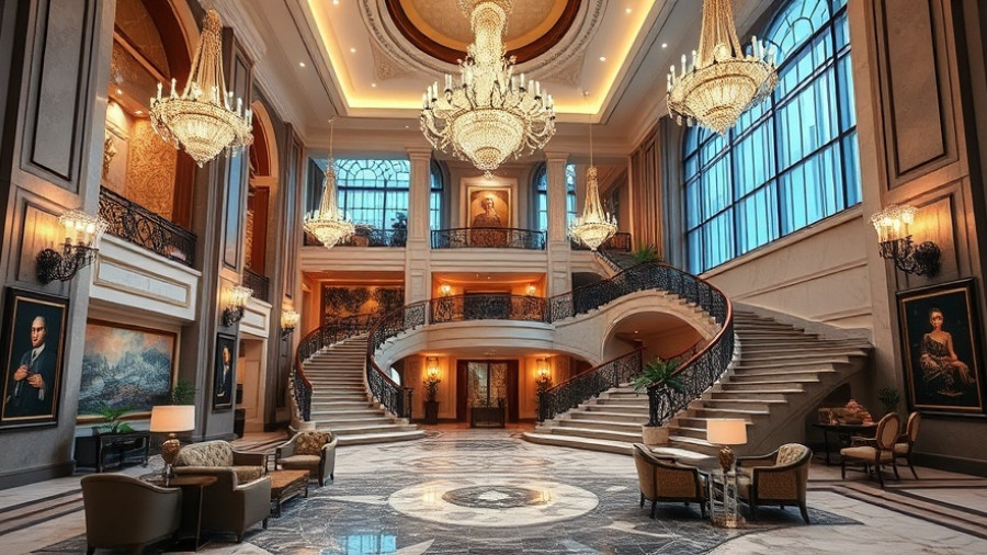 Luxurious hotel lobby with grand staircase and chandeliers.