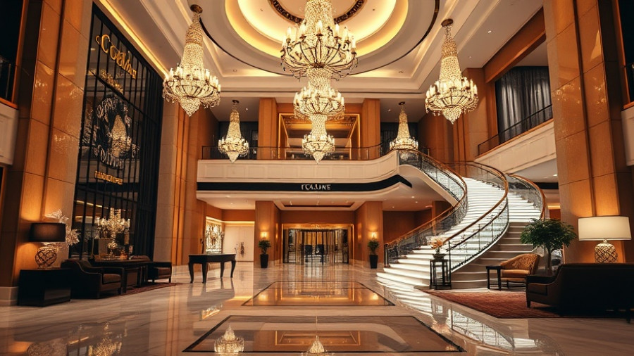 Luxurious business hotel lobby with grand staircase and chandeliers.