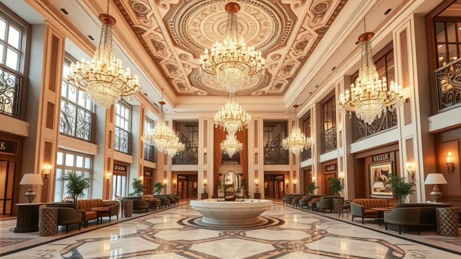 Luxury travel resorts with elegant hotel lobby and chandeliers.