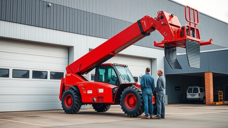 Industrial telescopic handler being inspected at Warhorse Rentals Five Star Equipment outside warehouse.