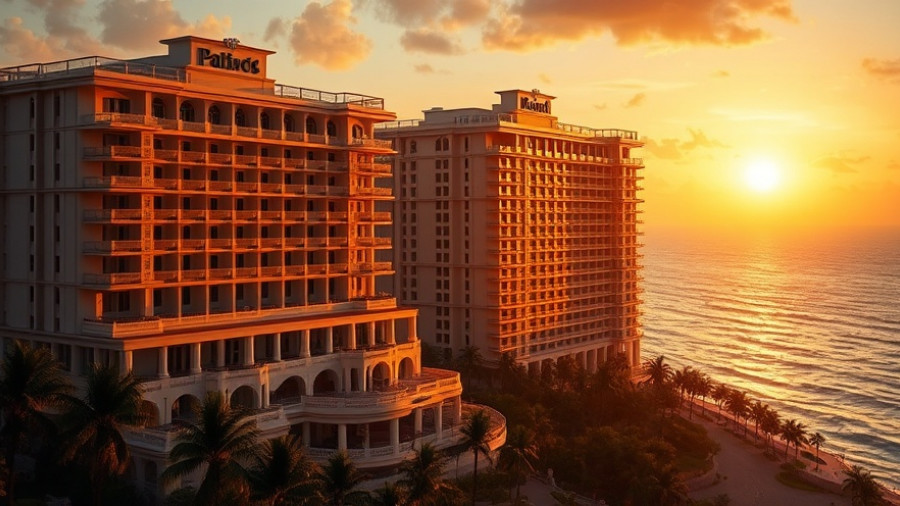 Luxury high-rise hotels overlooking the ocean at sunset.