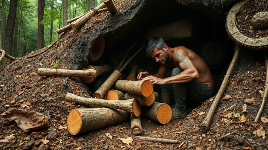 Primitive construction of an underground shelter with wooden logs.
