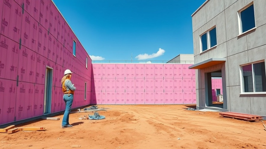 Woman at modern construction site with pink panels.