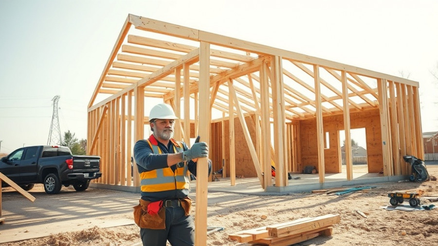 Modern building construction worker assembling wooden structure.