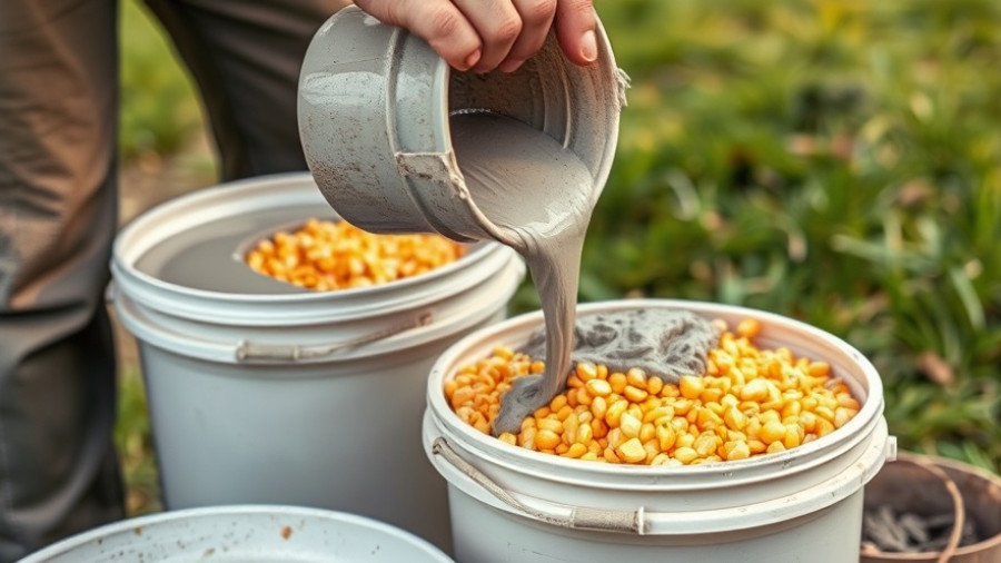 Cement being poured into corn buckets outdoors, grass in background.