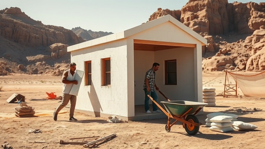 Modern building construction with foam panels in a desert setting.