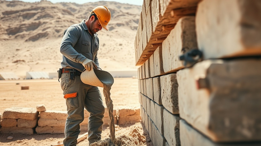 Worker constructing gabion columns in open field, modern building techniques.