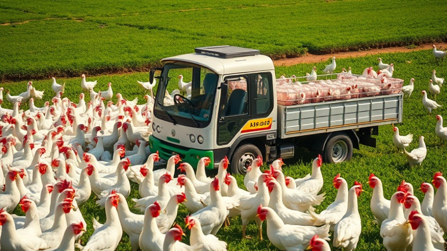 Modern agricultural techniques with futuristic farming machine collecting chickens.