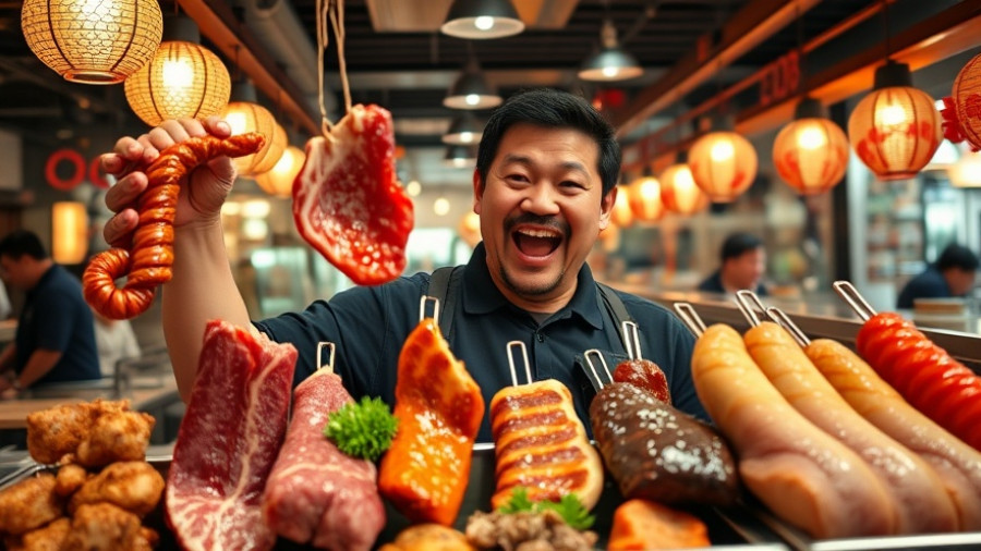 Excited diner showing fresh meats at Korean BBQ restaurant, vibrant atmosphere.