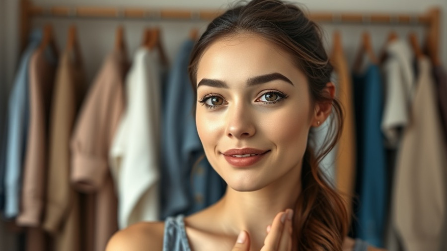 Confident woman shares quick work makeup tips in a natural setting.