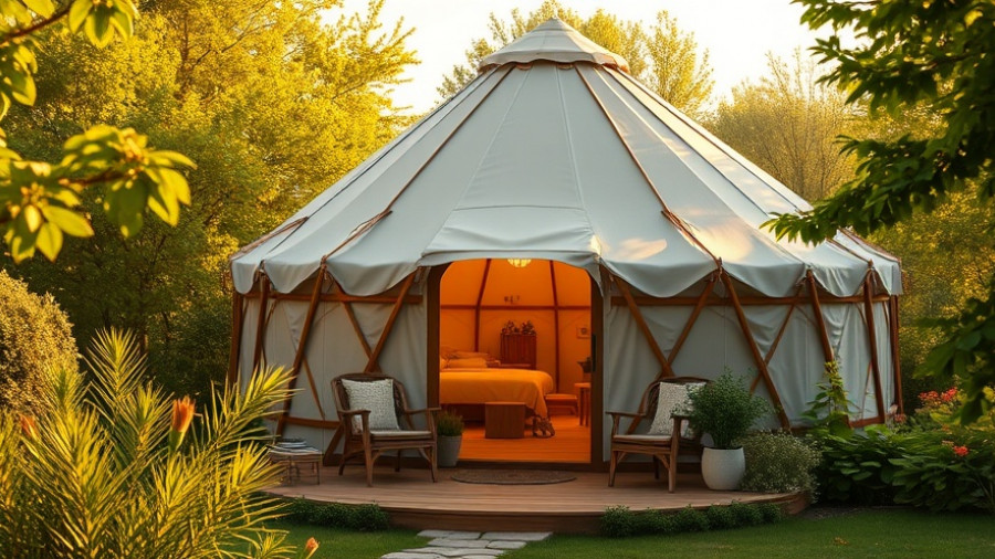 Modern building construction of a round yurt in a serene landscape.