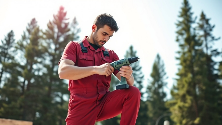 Modern building construction with worker drilling amidst trees.