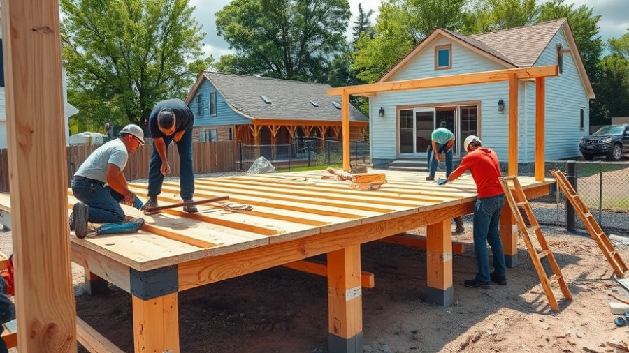 Modern building construction site with workers and wooden foundation.