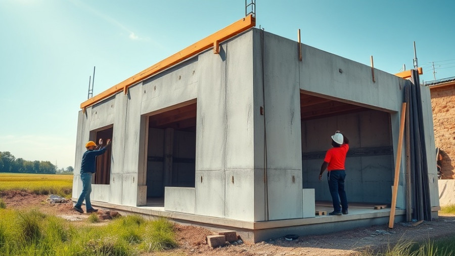 Modern building construction with workers installing prefabricated panels.