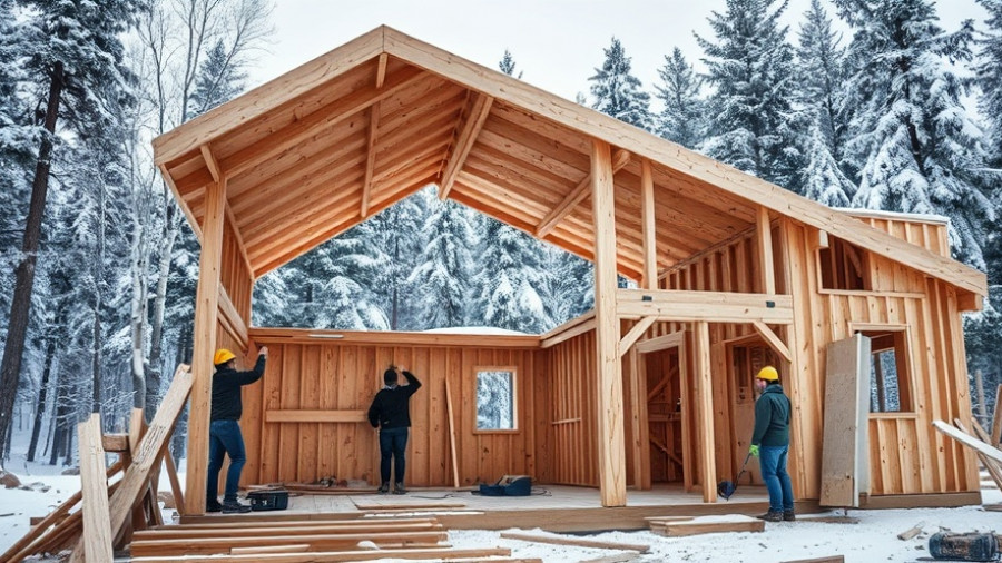 Modern building construction with wooden walls in progress.