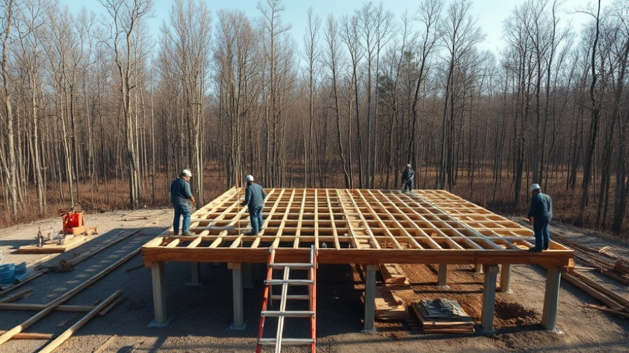 Modern building construction site with workers installing platform.