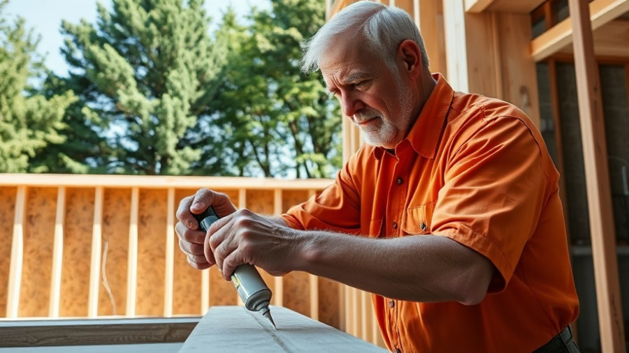 Elderly man constructing modern building with sealant on site.