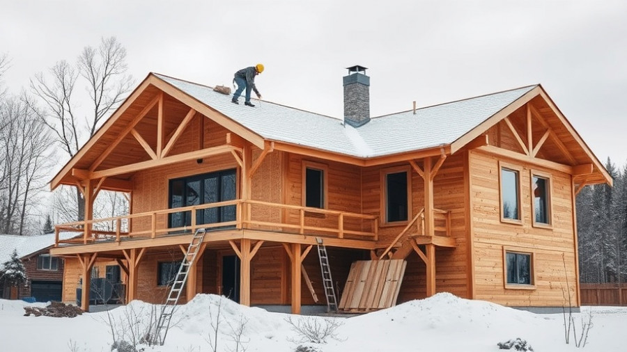 Modern building construction site with a wooden house in progress.