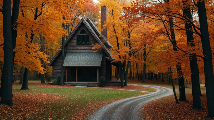 Cozy house in autumn forest with vibrant fall foliage, rustic path.