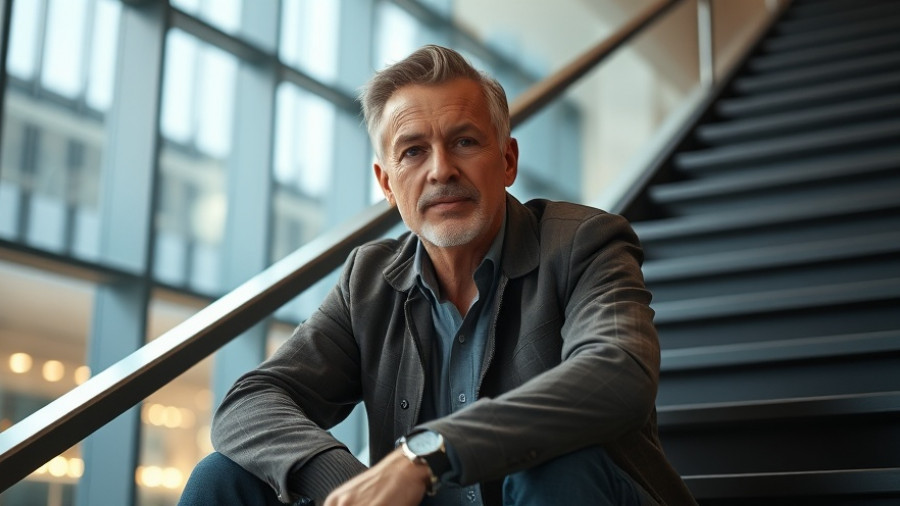 Middle-aged man in black sweater on a modern staircase, boutique hotel movement.