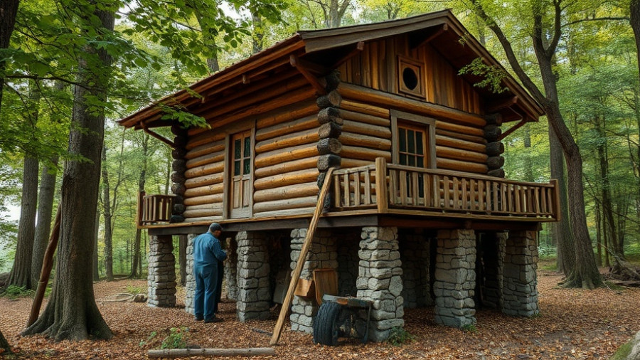 Modern building construction in rustic wooden log house.