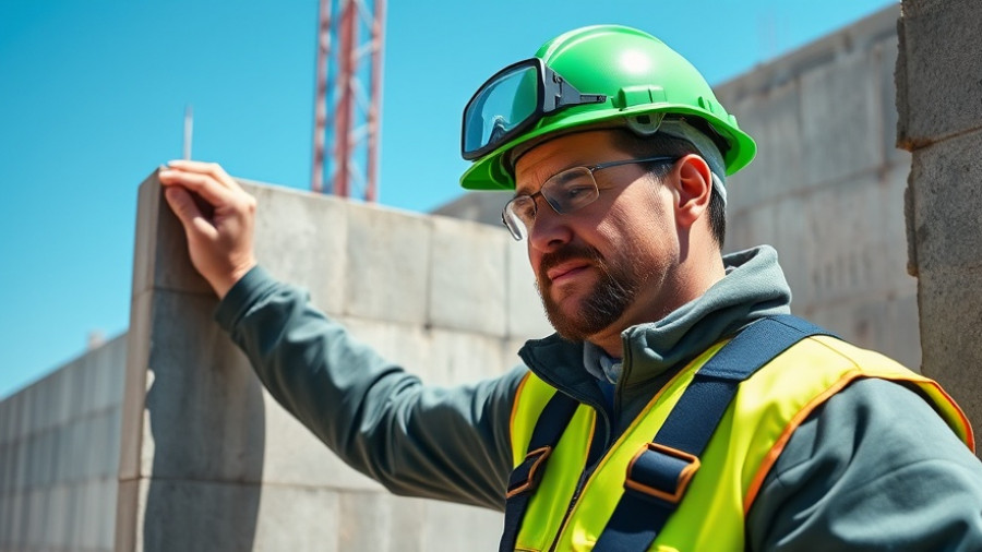 Construction worker inspecting foundation construction methods in outdoor site.