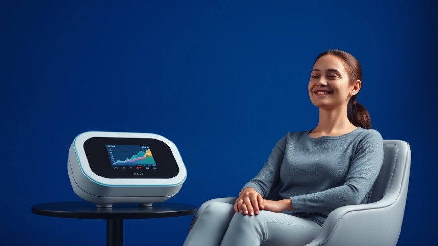 Exomind Therapy for Mental Health device with woman seated beside it.