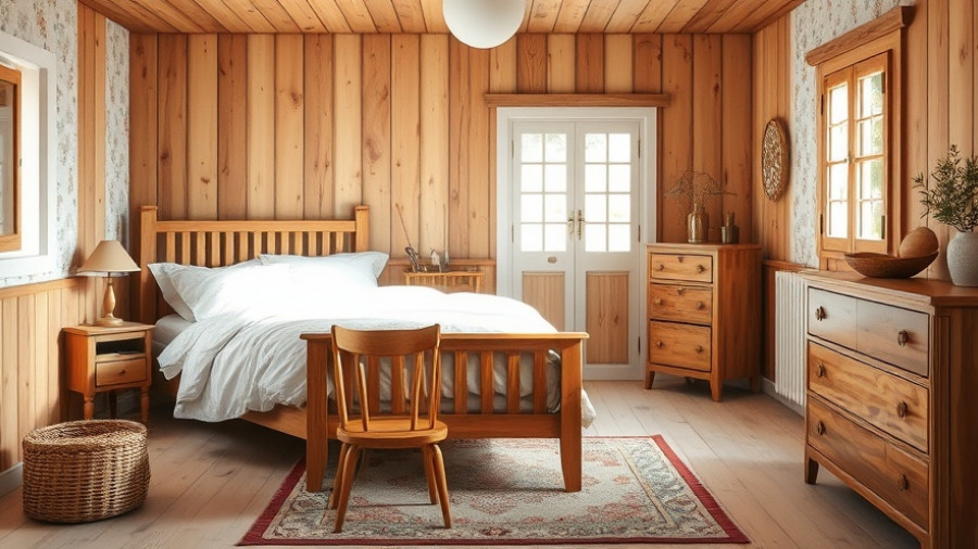Rustic bedroom interior highlighting wooden furniture and decor.