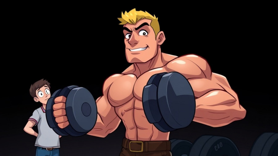 Muscle building exercises illustrated with a man lifting dumbbells.