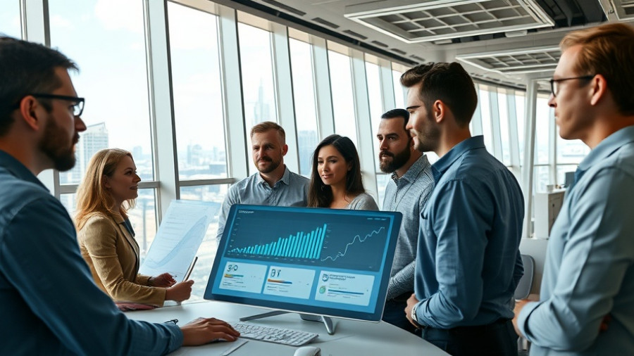 Professionals discussing London digital marketing trends in office.