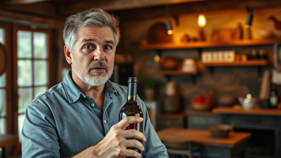 Man holding a red wine bottle in rustic setting, surprised expression.