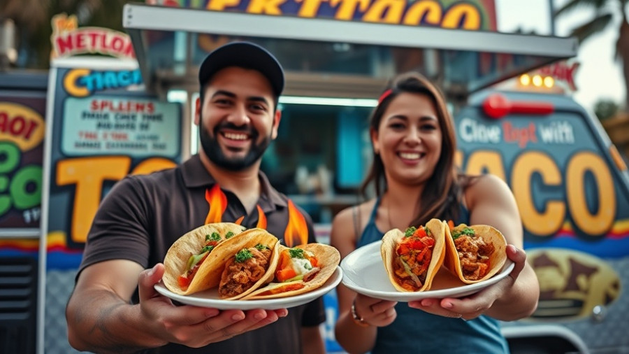 Excited people holding tacos in front of a vibrant taco truck, experiencing best street tacos in Los Angeles.