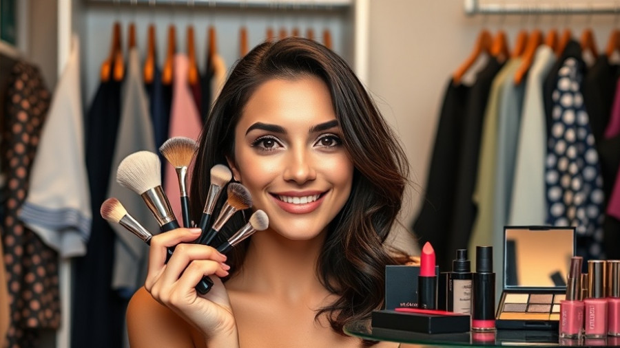 Woman showcasing makeup products in a skincare routine.