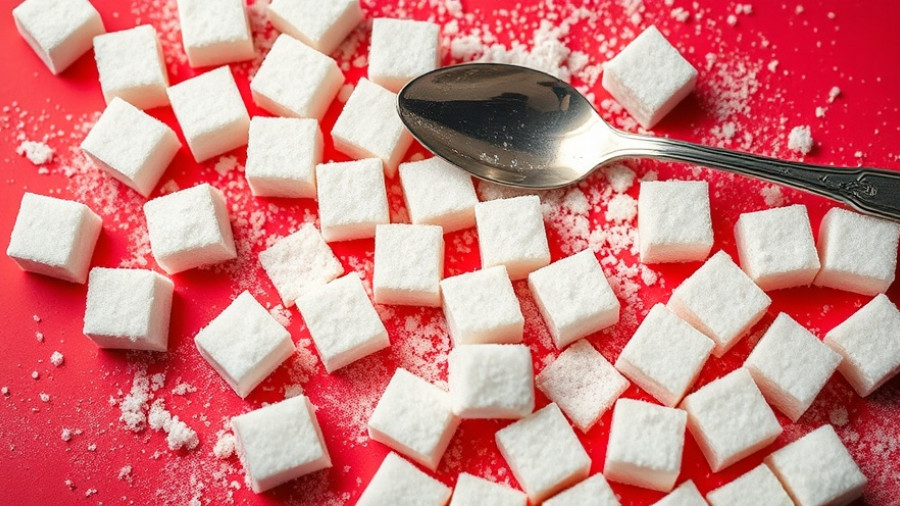 Sugar cubes and spoon with granulated sugar on a red background, illustrating NYC added sugar rule for restaurants.