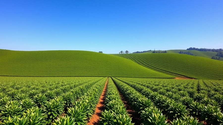 Brazil coffee harvest field with future potential under bright sky.