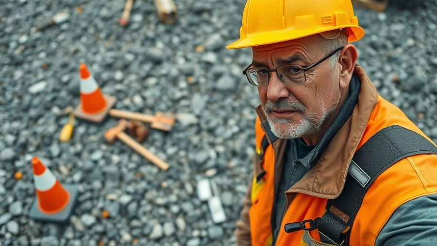 Middle-aged man inspecting construction site foundation with tools.