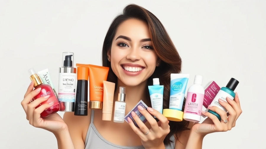 Woman displays beauty products for makeup skincare routine favorites.