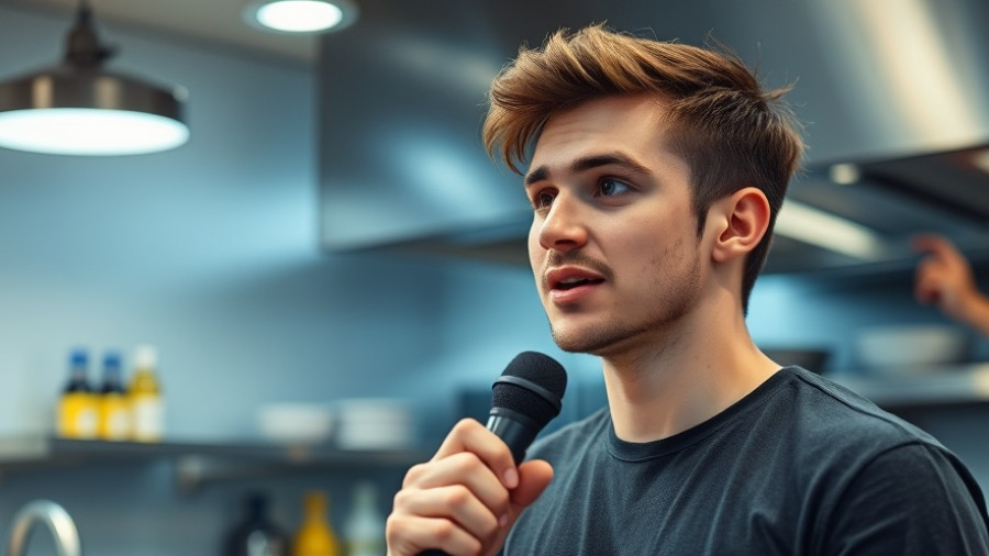 Young man in modern kitchen discussing gourmet food places.