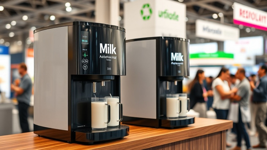 Automated milk solutions for coffee shops showcased at a trade event.