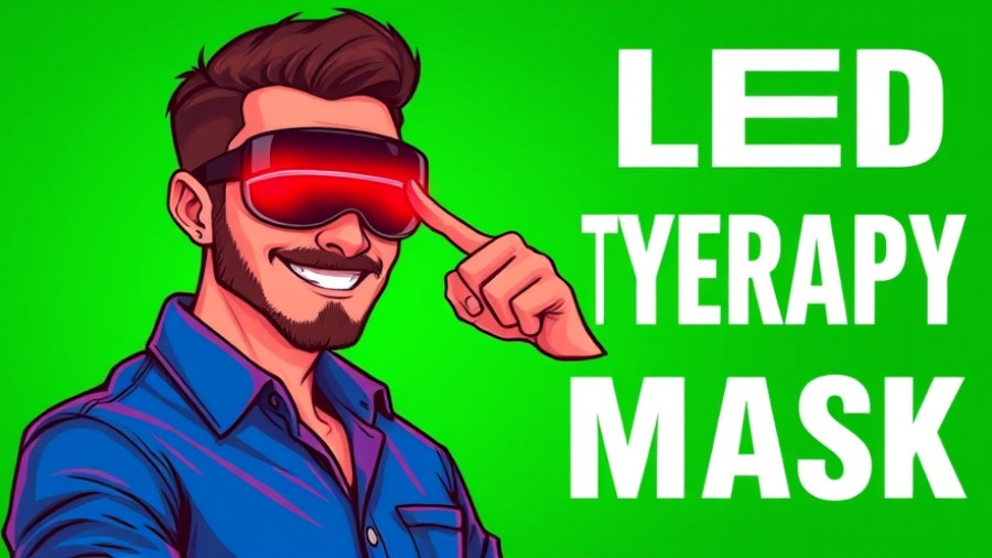 Red light therapy mask and man pointing with concern.