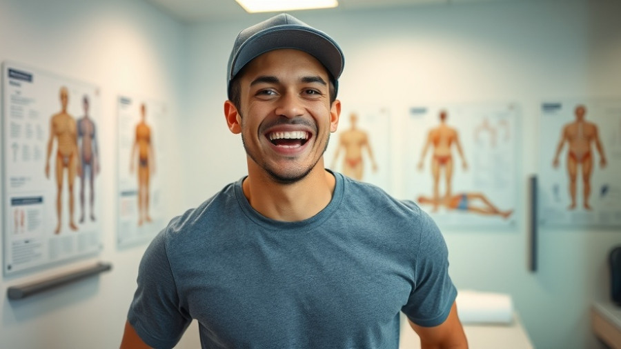 Young man in therapy room for tennis elbow relief.