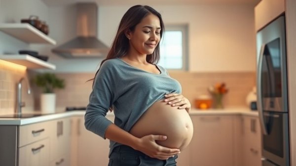 Expectant mother in kitchen emphasizing prenatal care, modern setting.
