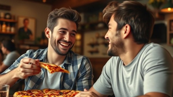 Young man smiling while enjoying pizza at a top dining spot.