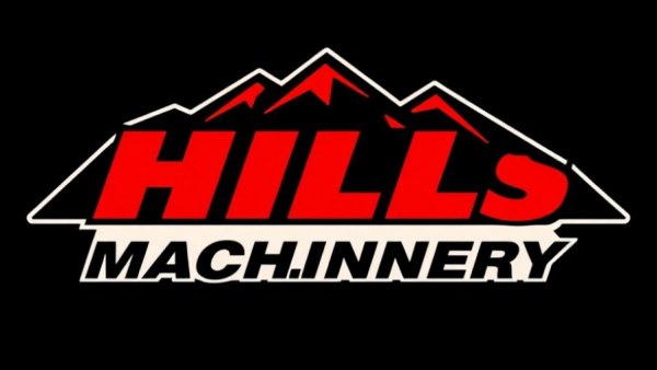 Hills Machinery logo featuring bold red text and black gear.