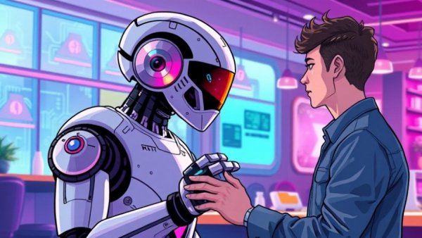 AI in hospitality, digital illustration of AI interacting with a human