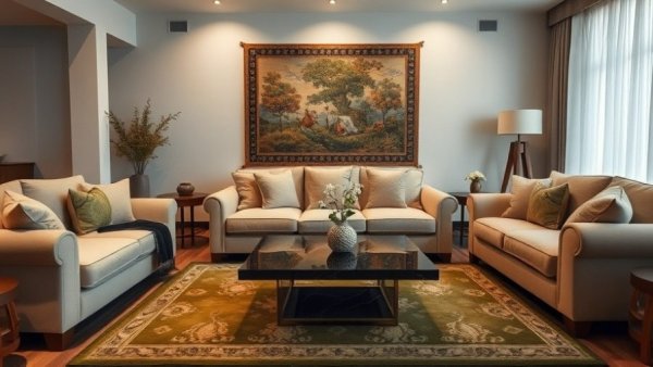 Elegant living room with plush sofas and green area rug.