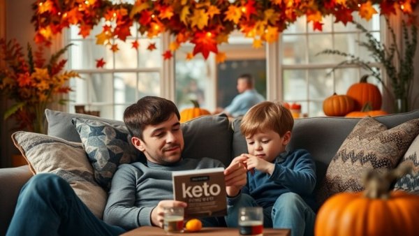 Man and child with keto products, cozy fall setting, keto diet for weight loss.