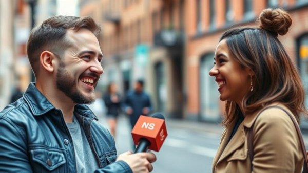 Excited couple interviewed about best local eateries on city street.