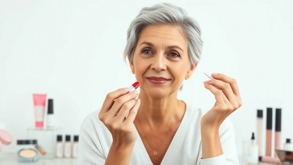 Mature woman shares best makeup tips for women over 40 holding lipstick.